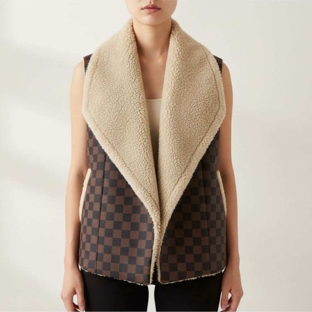 Judith March Brown Checkered Sherpa Lined Open Front Vest Size S